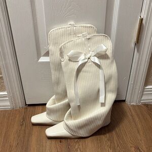 Punchyblonde Brand Cream Knee-High Boots with Bow Detail